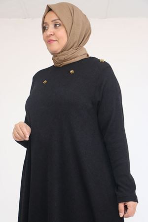 58118 Büyük Beden Çiçek Detaylı Mir Mevlana Tunik - Siyah