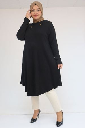 58118 Büyük Beden Çiçek Detaylı Mir Mevlana Tunik - Siyah