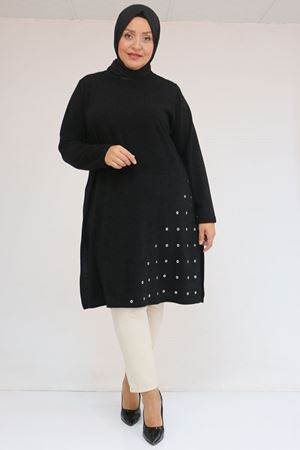 58110 Büyük Beden Yan Dikişinde Kuş Gözü Detaylı Mir Tunik - Siyah