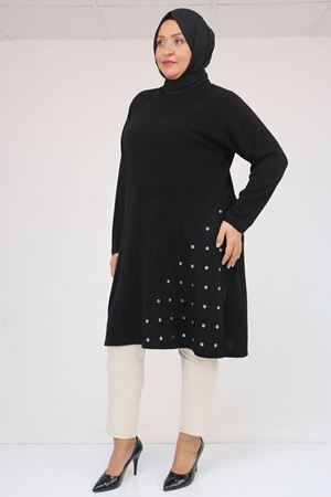 58110 Büyük Beden Yan Dikişinde Kuş Gözü Detaylı Mir Tunik - Siyah
