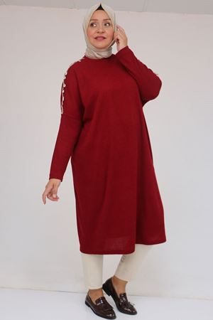 58112 Büyük Beden Omzu Aksesuar Detaylı Düşük Kol Tunik - Bordo