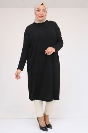 58112 Büyük Beden Omzu Aksesuar Detaylı Düşük Kol Tunik - Siyah