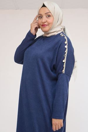 58112 Büyük Beden Omzu Aksesuar Detaylı Düşük Kol Tunik - İndigo