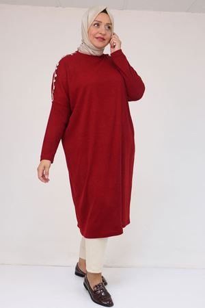58112 Büyük Beden Omzu Aksesuar Detaylı Düşük Kol Tunik - Bordo