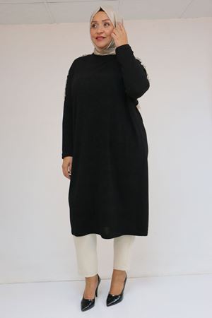 58112 Büyük Beden Omzu Aksesuar Detaylı Düşük Kol Tunik - Siyah