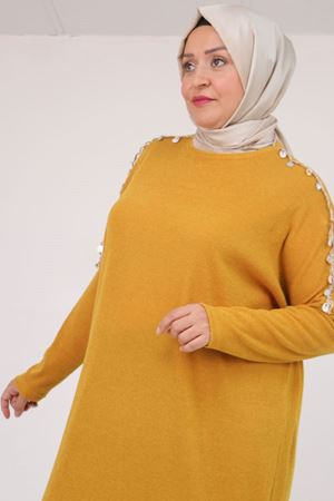 58112 Büyük Beden Omzu Aksesuar Detaylı Düşük Kol Tunik - Hardal