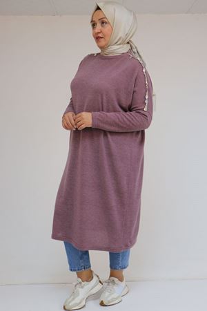 58112 Büyük Beden Omzu Aksesuar Detaylı Düşük Kol Tunik - Gül Kurusu
