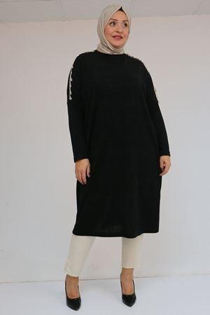 58112 Büyük Beden Omzu Aksesuar Detaylı Düşük Kol Tunik - Siyah