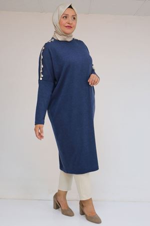 58112 Büyük Beden Omzu Aksesuar Detaylı Düşük Kol Tunik - İndigo