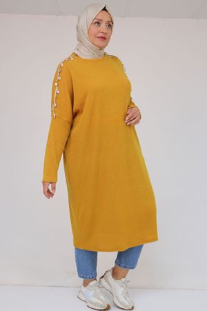 58112 Büyük Beden Omzu Aksesuar Detaylı Düşük Kol Tunik - Hardal