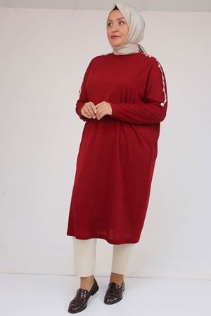 58112 Büyük Beden Omzu Aksesuar Detaylı Düşük Kol Tunik - Bordo