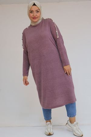 58112 Büyük Beden Omzu Aksesuar Detaylı Düşük Kol Tunik - Gül Kurusu