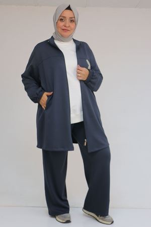 57057 Büyük Beden Fermuarlı Pantolonlu Modal Takım - Antrasit