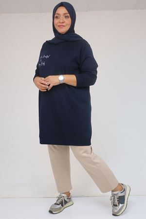 58128 Büyük Beden Baskı Detaylı Modal Tunik - Lacivert