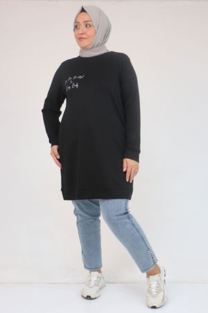 58128 Büyük Beden Baskı Detaylı Modal Tunik - Siyah