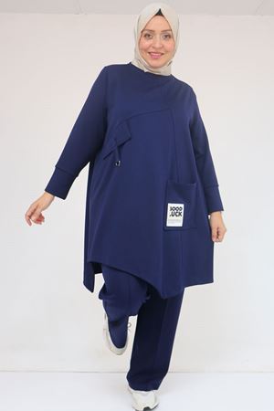 57041 Büyük Beden Cepte Arma Detaylı Modal Pantolonlu Takım - İndigo