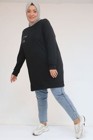 58128 Büyük Beden Baskı Detaylı Modal Tunik - Siyah