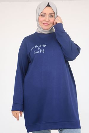 58128 Büyük Beden Baskı Detaylı Modal Tunik - İndigo