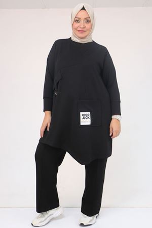 57041 Büyük Beden Cepte Arma Detaylı Modal Pantolonlu Takım - Siyah