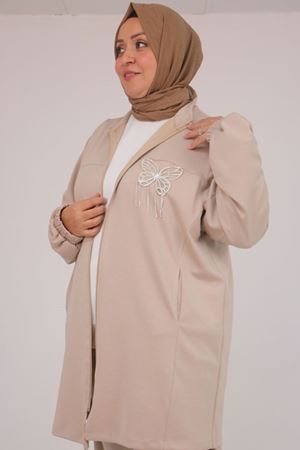 57057 Büyük Beden Fermuarlı Pantolonlu Modal Takım - Bej