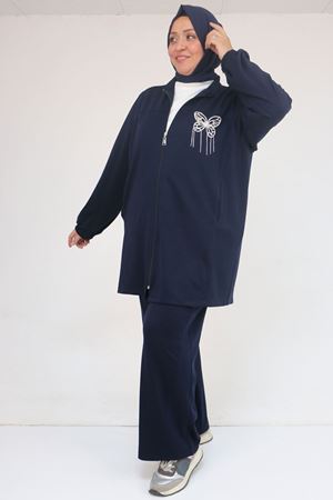 57057 Büyük Beden Fermuarlı Pantolonlu Modal Takım - Lacivert