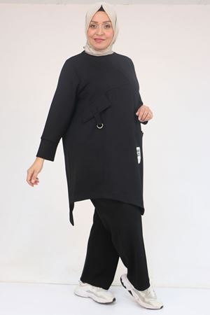 57041 Büyük Beden Cepte Arma Detaylı Modal Pantolonlu Takım - Siyah