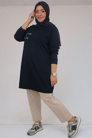58128 Büyük Beden Baskı Detaylı Modal Tunik - Lacivert