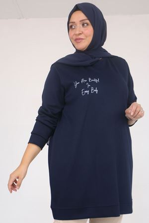 58128 Büyük Beden Baskı Detaylı Modal Tunik - Lacivert