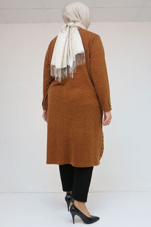 58109 Büyük Beden Patlı Düğmeli Mir Tunik - Taba