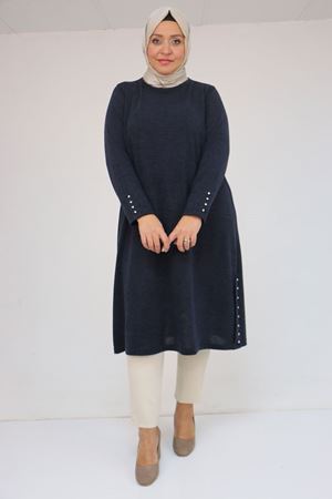 58109 Büyük Beden Patlı Düğmeli Mir Tunik - Lacivert