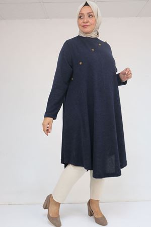 58118 Büyük Beden Çiçek Detaylı Mir Mevlana Tunik - Lacivert