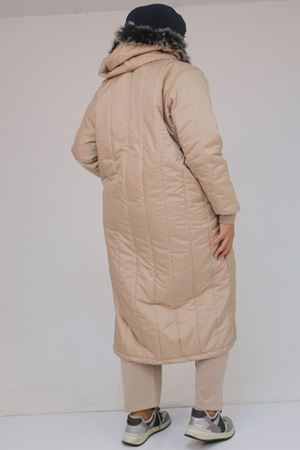 33093 Büyük Beden Kapişonlu Kapitone Ceket-Vizon