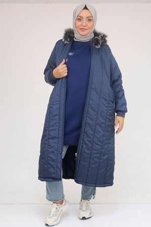 33093 Büyük Beden Kapişonlu Kapitone Ceket-Lacivert