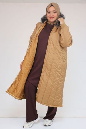 33093 Büyük Beden Kapişonlu Kapitone Ceket-Taba