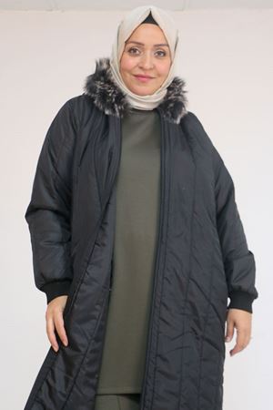 33093 Büyük Beden Kapişonlu Kapitone Ceket-Siyah