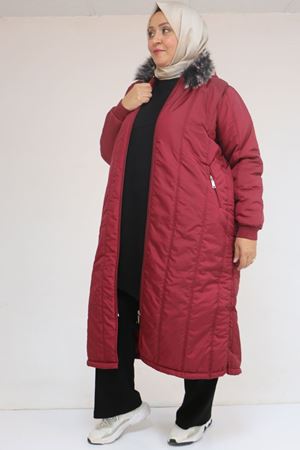 33093 Büyük Beden Kapişonlu Kapitone Ceket-Bordo