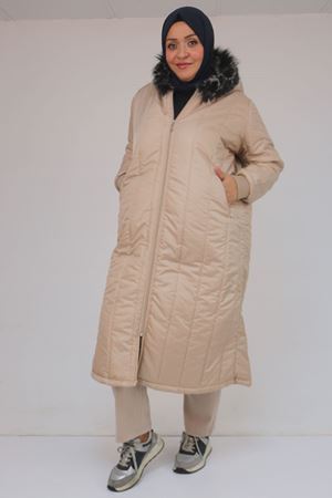 33093 Büyük Beden Kapişonlu Kapitone Ceket-Vizon