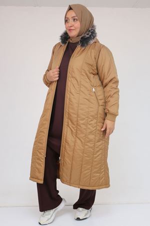 33093 Büyük Beden Kapişonlu Kapitone Ceket-Taba