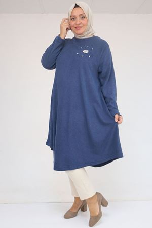 58117 Büyük Beden Taş Detaylı Mevlana Mir Tunik - İndigo