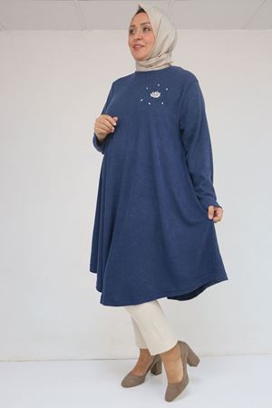 58117 Büyük Beden Taş Detaylı Mevlana Mir Tunik - İndigo