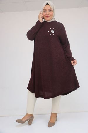 58117 Büyük Beden Taş Detaylı Mevlana Mir Tunik - Mürdüm