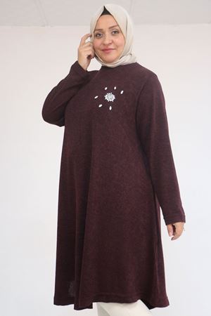 58117 Büyük Beden Taş Detaylı Mevlana Mir Tunik - Mürdüm