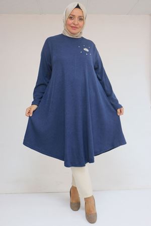 58117 Büyük Beden Taş Detaylı Mevlana Mir Tunik - İndigo