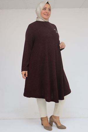 58117 Büyük Beden Taş Detaylı Mevlana Mir Tunik - Mürdüm