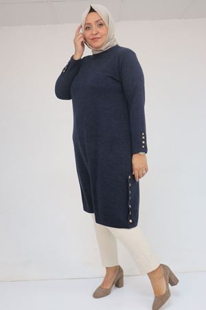 58109 Büyük Beden Patlı Düğmeli Mir Tunik - İndigo