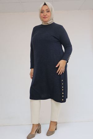 58109 Büyük Beden Patlı Düğmeli Mir Tunik - İndigo