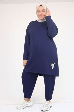 47095 Büyük Beden Yan Tarafı Arma Detaylı Modal Pantolonlu Takım - İndigo