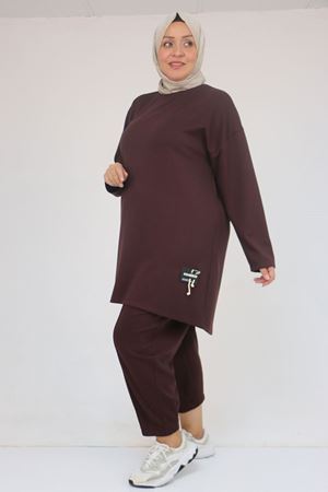 47095 Büyük Beden Yan Tarafı Arma Detaylı Modal Pantolonlu Takım - Kahve
