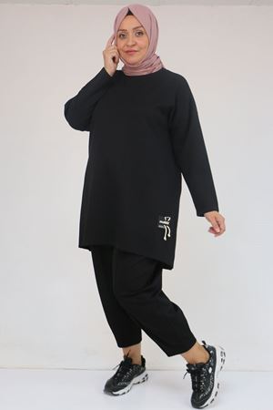 47095 Büyük Beden Yan Tarafı Arma Detaylı Modal Pantolonlu Takım - Siyah