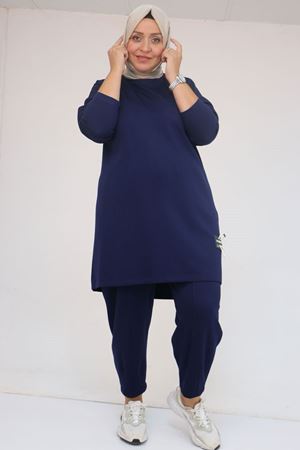 47095 Büyük Beden Yan Tarafı Arma Detaylı Modal Pantolonlu Takım - İndigo